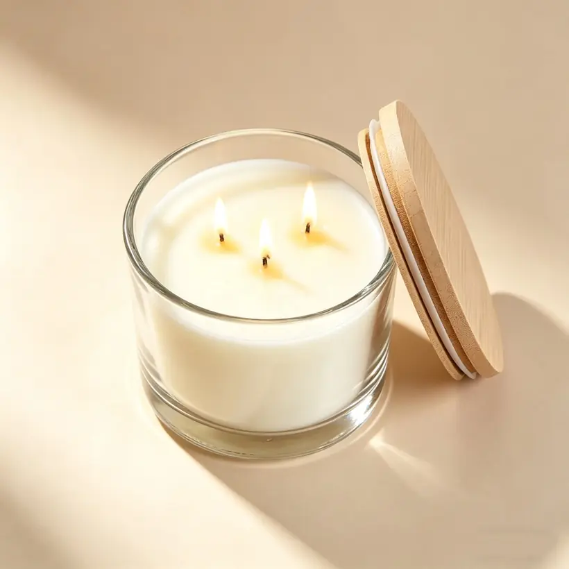 Large 3-wick clear glass candle jar with wooden lid