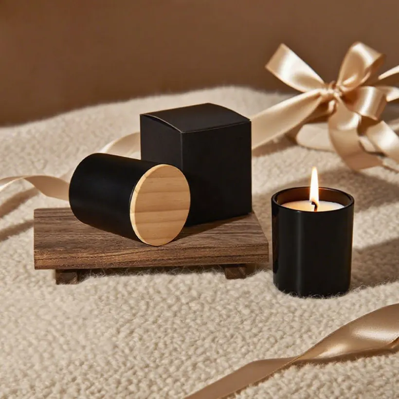 Black glass candle with gift box and ribbon