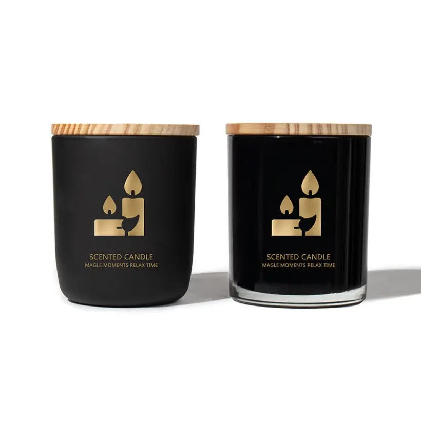 Matte black glass candle jars with wooden lids