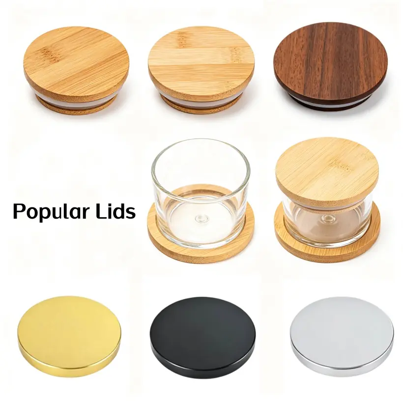 Wooden, bamboo, gold, black and silver candle jar lids